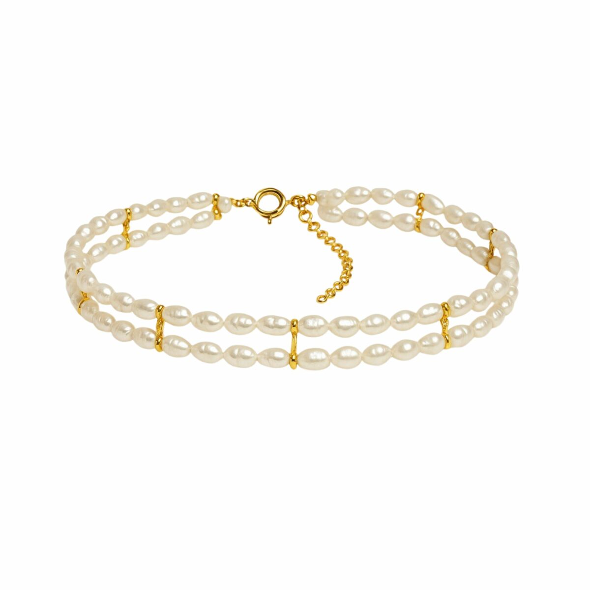 “Choker Sirène de dos tiras de perlas barrocas naturales con separadores dorados y plata de ley chapada en oro de 18k