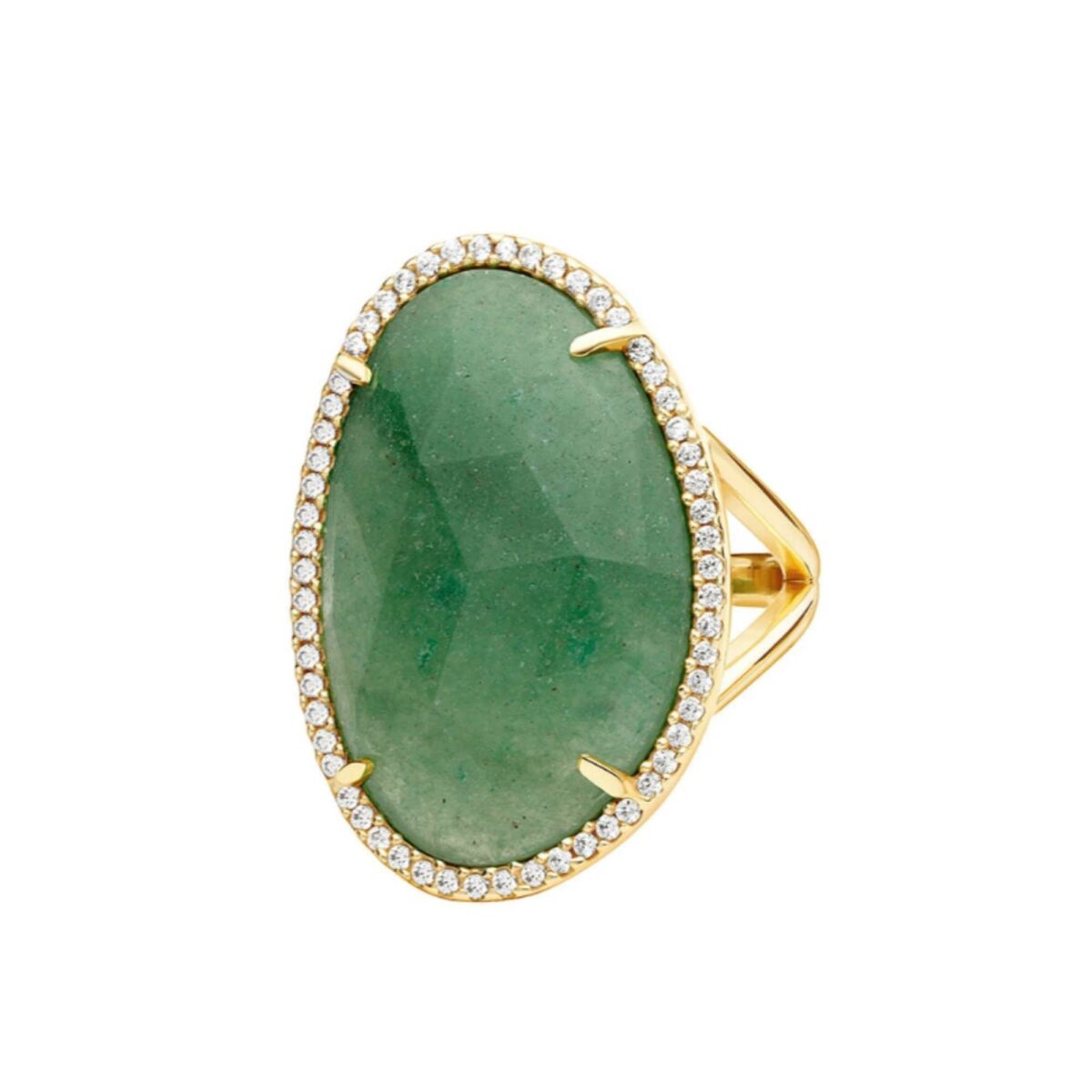Anillo dorado de plata 925 con piedra aventurina verde y circonitas brillantes – colección Sirena de Nat & Belle