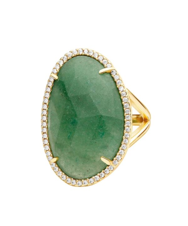 Anillo dorado de plata 925 con piedra aventurina verde y circonitas brillantes – colección Sirena de Nat & Belle