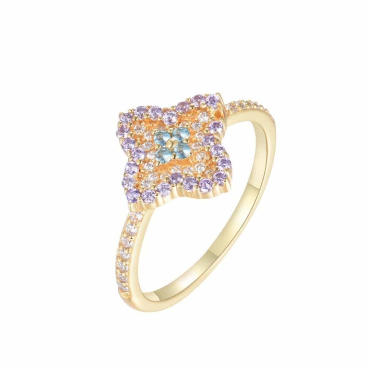 Anillo Posidonia de la colección Sirena de Nat & Belle, con circonitas de colores, inspirado en flores marinas.