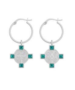 Pendientes de aro plata con charm medalla San Benito y cristales verdes