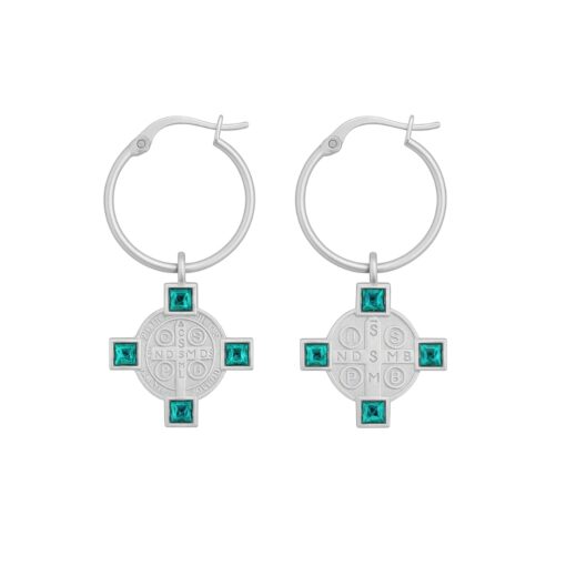 Pendientes de aro plata con charm medalla San Benito y cristales verdes